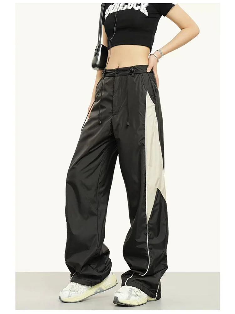 Patchwork Beige Sweatpants Retro Wide Leg Baggy Pant