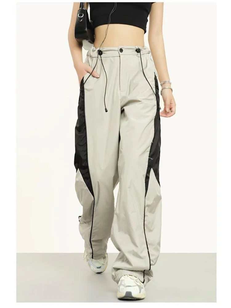 Patchwork Beige Sweatpants Retro Wide Leg Baggy Pant