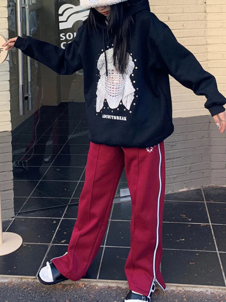 Red Straight Japanese Y2k Sweatpants Winter Warm Harajuku Jogging Pant