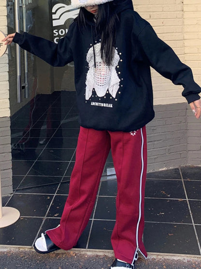 Red Straight Japanese Y2k Sweatpants Winter Warm Harajuku Jogging Pant