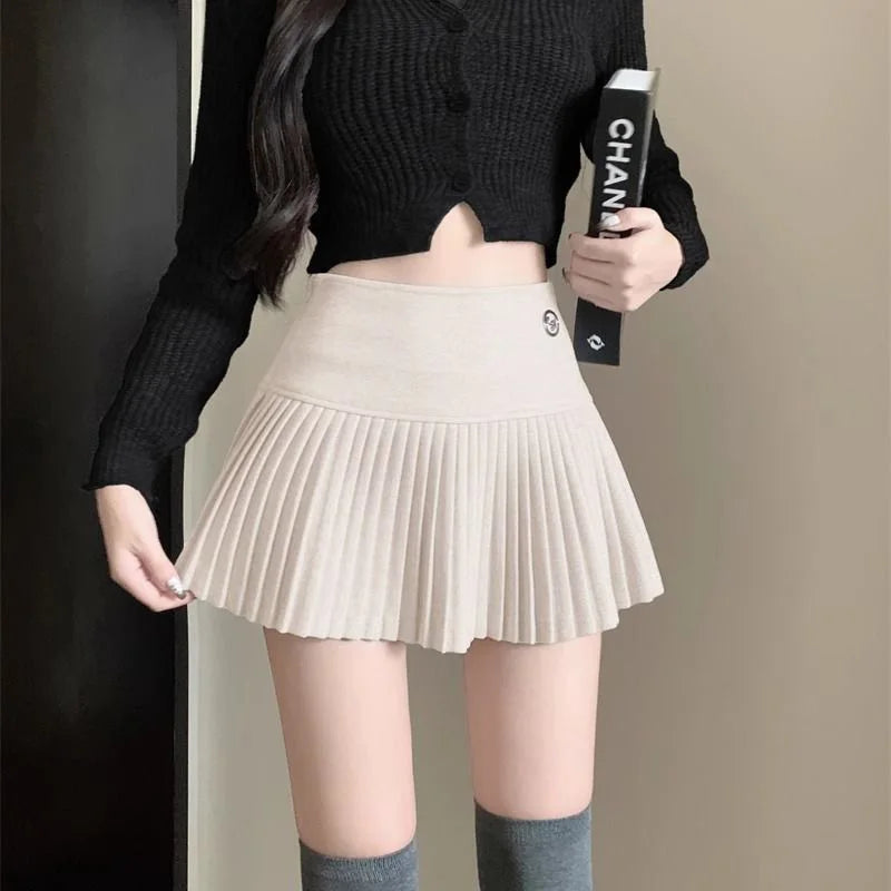 Woolen Pleated High Waist A-line Patchwork Skirt
