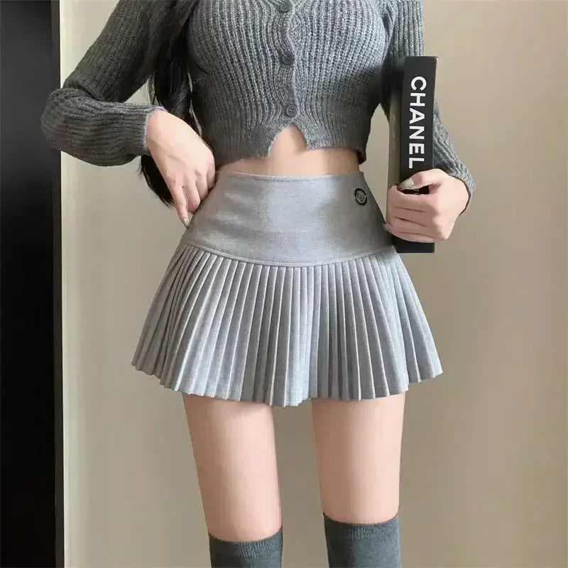 Woolen Pleated High Waist A-line Patchwork Skirt