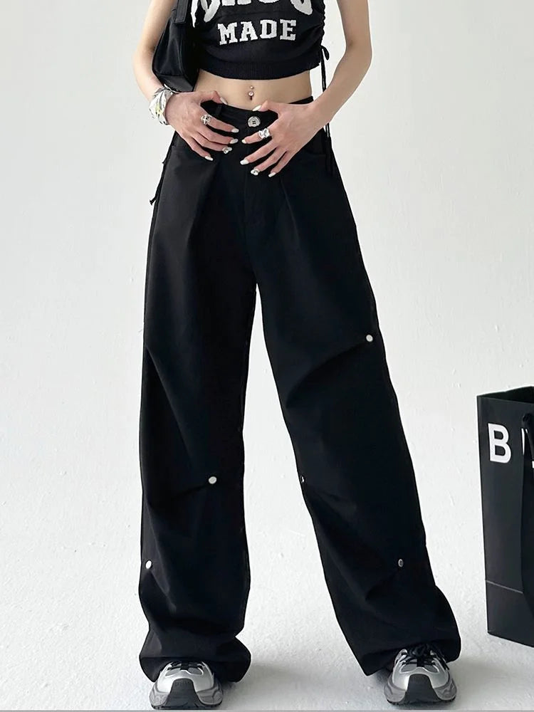 Y2k Cyber Punk Cargo Parachute Hippie Korean Style Black Baggy Wide Pant