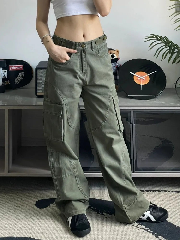 Y2k Green Cargo 90s Wide Leg Denim Multy Pockets Pant