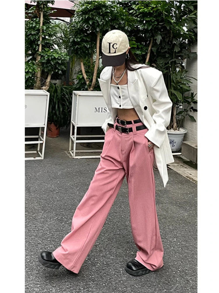 Y2k Korean Style Pink Wide Leg Harajuku Cyber Punk Belt Oversize Hippie Pant