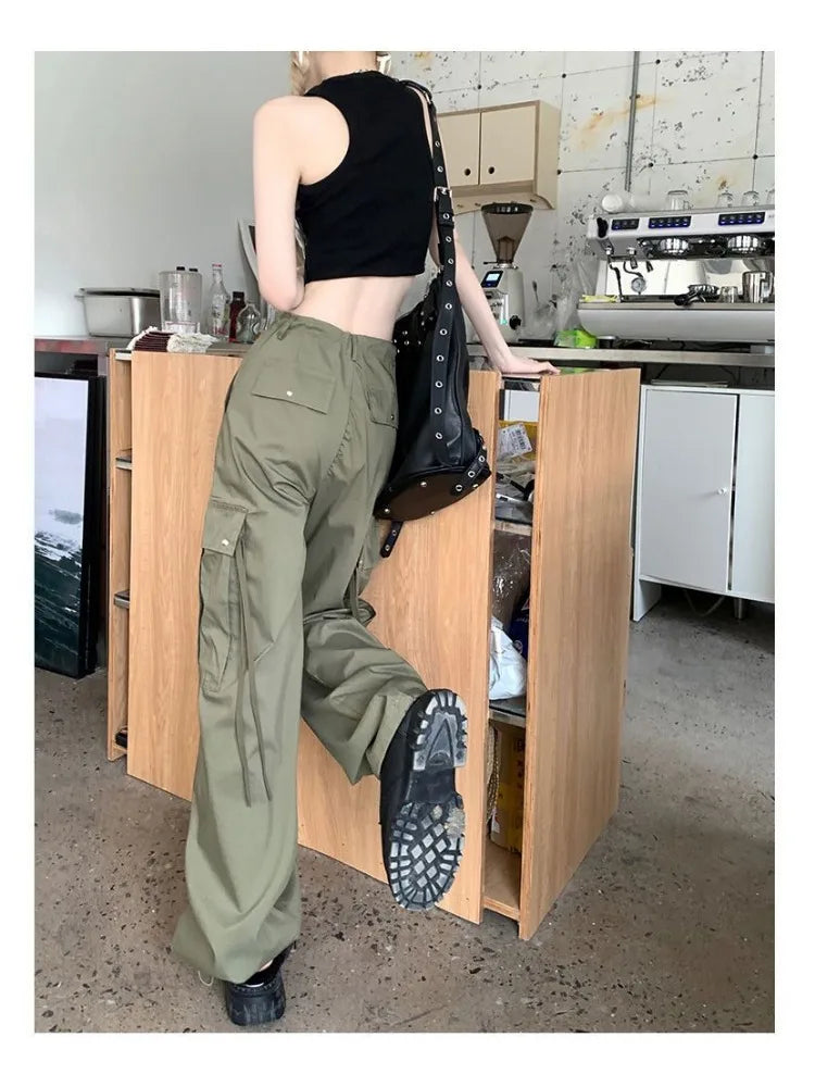 Y2k Kpop Black Cargo Harajuku Drawstring Pockets Green Wide Pant