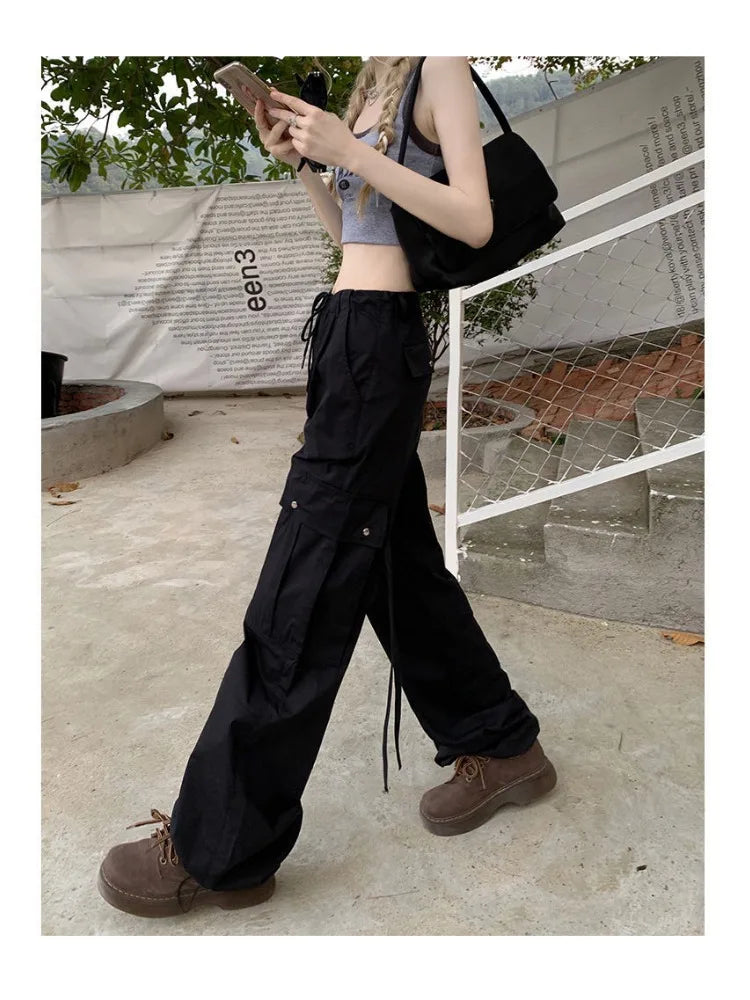Y2k Kpop Black Cargo Harajuku Drawstring Pockets Green Wide Pant