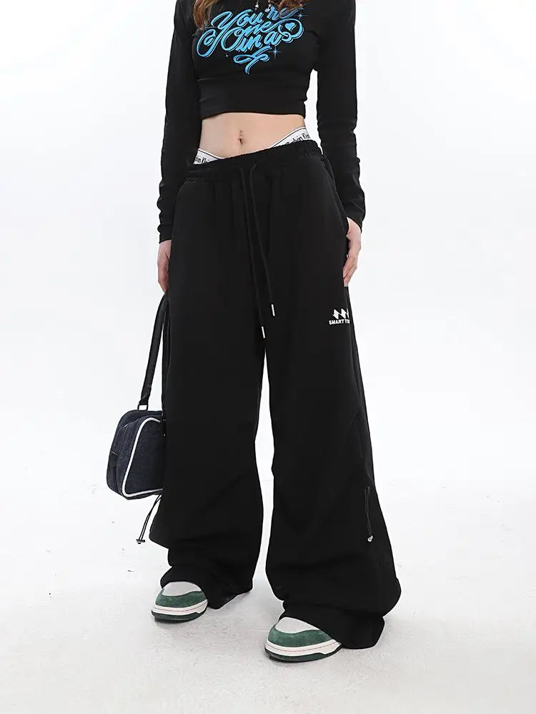 Y2k Kpop Gray Drawstring Folds Jogging Oversize Wide Leg Pant