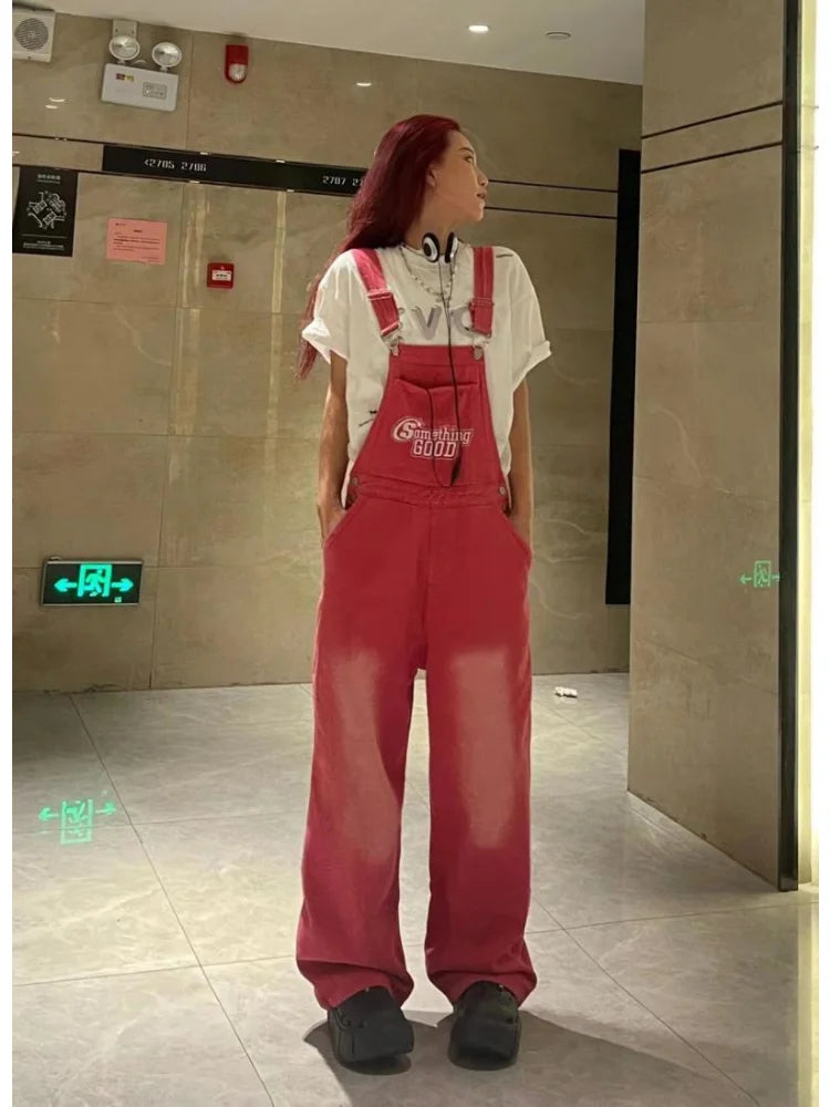 Y2k Kpop Pink Suspender Harajuku High Oversize Korean Hippie Pant