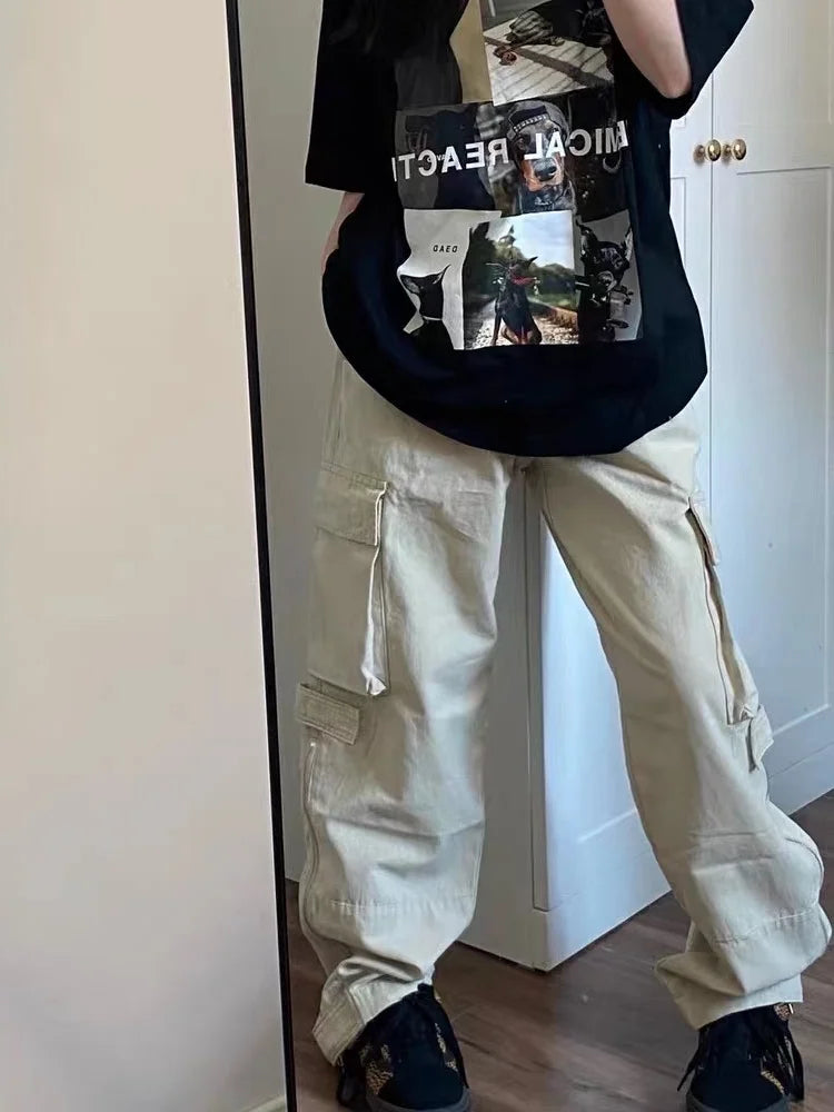 Y2k Retro Beige Cargo Pockets Wide Leg Pant