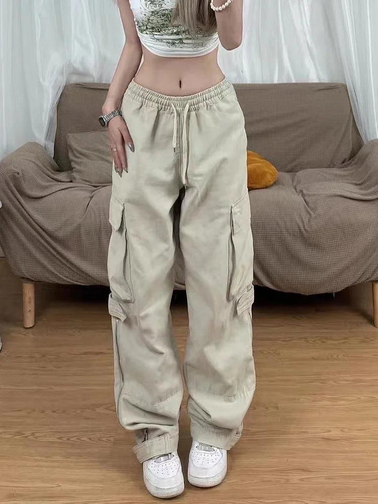 Y2k Retro Beige Cargo Pockets Wide Leg Pant