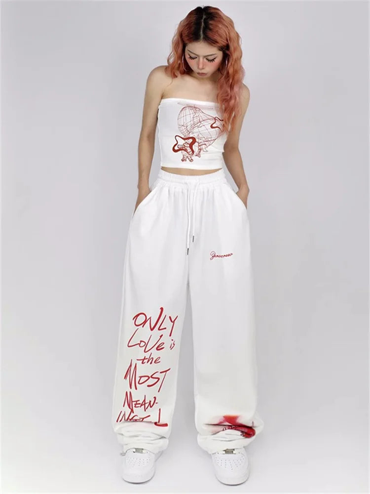 Y2k White Sweatpants Letter Print Black Track Oversize Harajuku Joggers Pant
