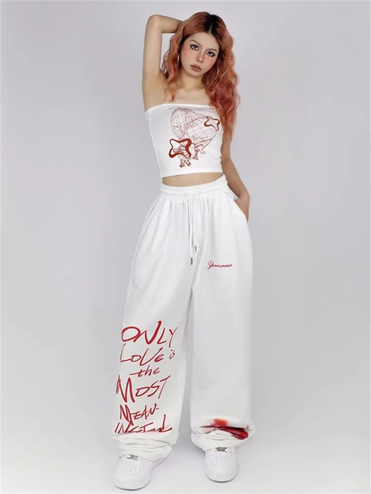 Y2k White Sweatpants Letter Print Black Track Oversize Harajuku Joggers Pant