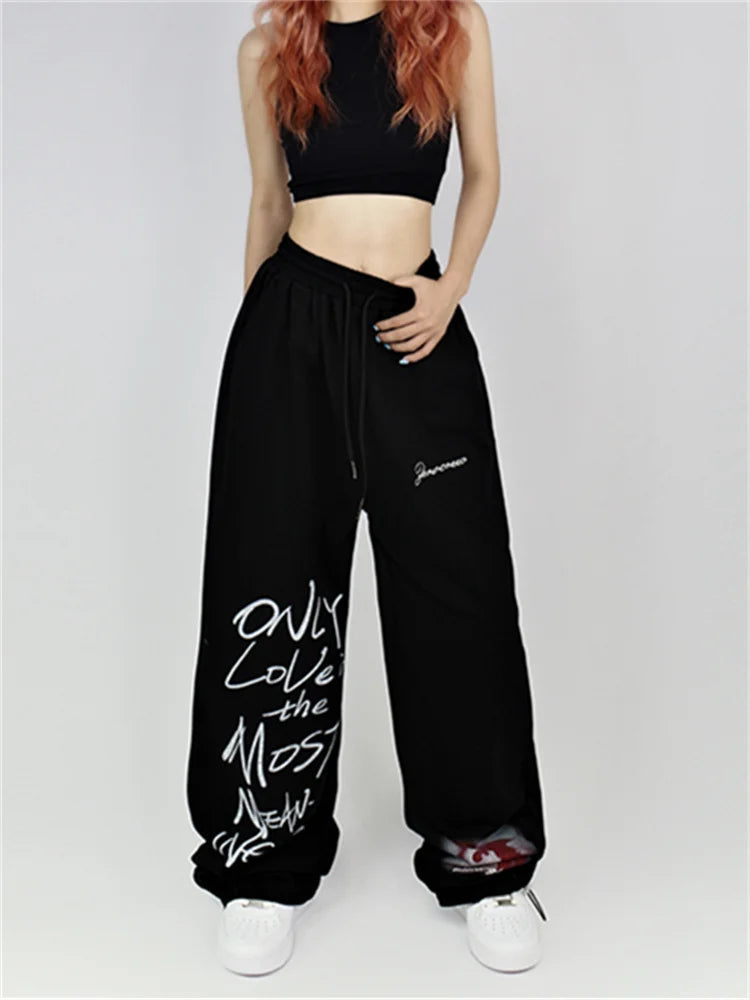 Y2k White Sweatpants Letter Print Black Track Oversize Harajuku Joggers Pant