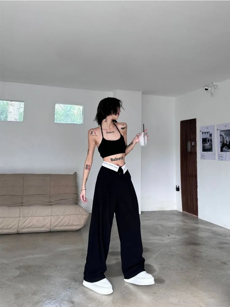Y2k Black Cyber Punk Patchwork High Waisted Baggy Cargo Pant