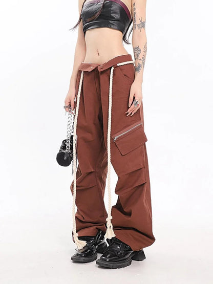 Y2k Brown Cargo Parachute Kpop Pink Wide Leg American Retro Pant