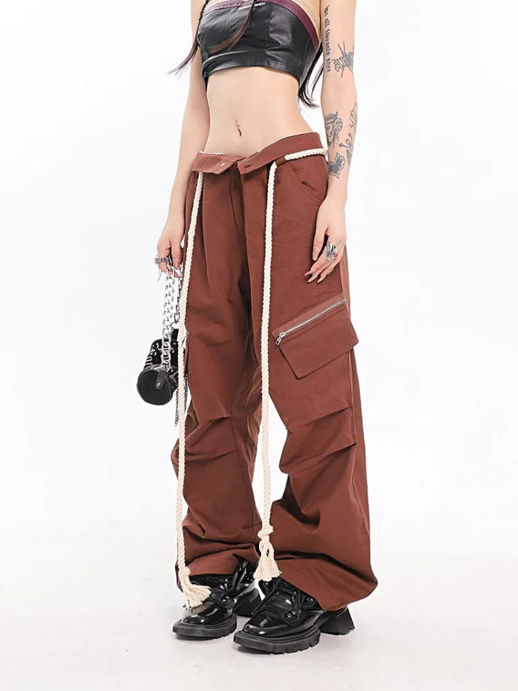 Y2k Brown Cargo Parachute Kpop Pink Wide Leg American Retro Pant