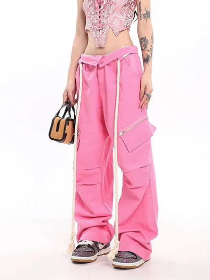 Y2k Brown Cargo Parachute Kpop Pink Wide Leg American Retro Pant