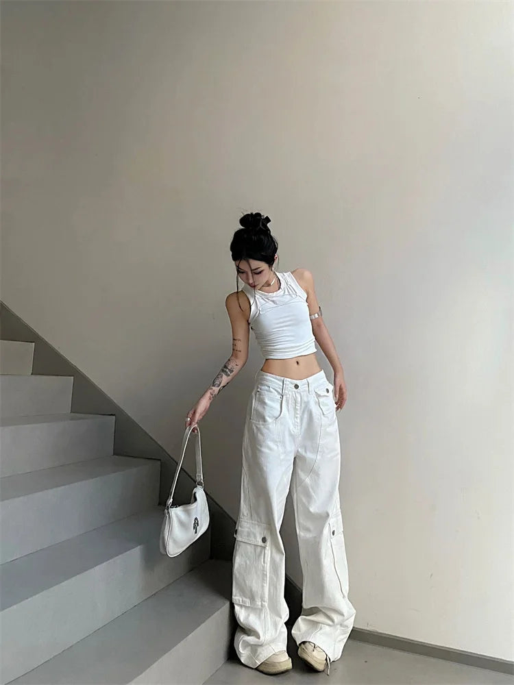 Y2k White Cargo Korean Style Wide Leg Denim Oversized Pant