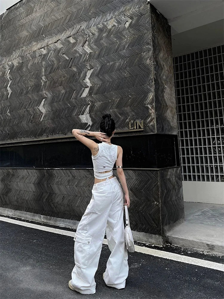 Y2k White Cargo Korean Style Wide Leg Denim Oversized Pant