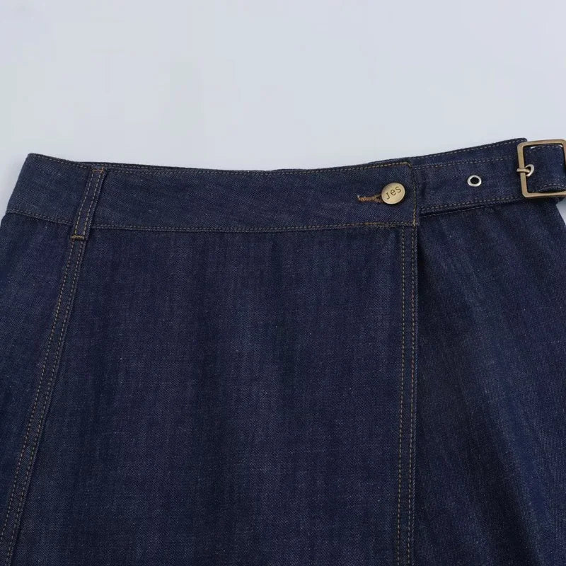 Denim Long Wrap Slit A-line Style Holiday Skirt
