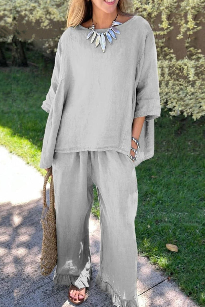 Half Sleeve Tops Fringe Hem Long Pants Set