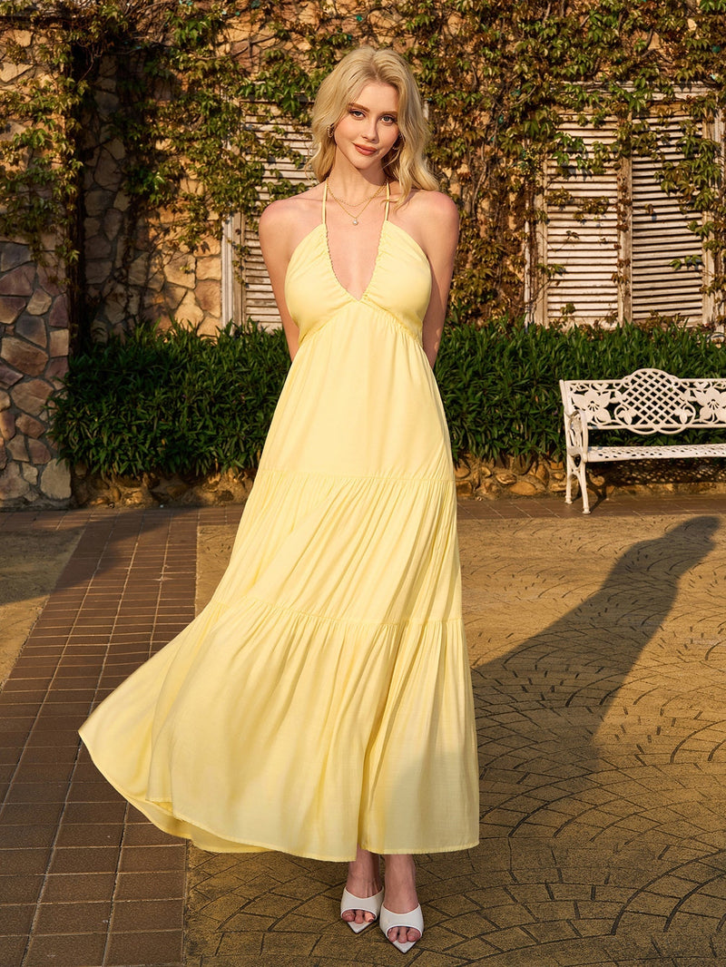 Halter Bow Tie Back Ruched Bust Maxi Dress