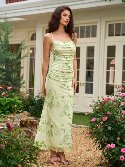 Halter Crisscross Tie Back Ruched Print Mermaid Dress