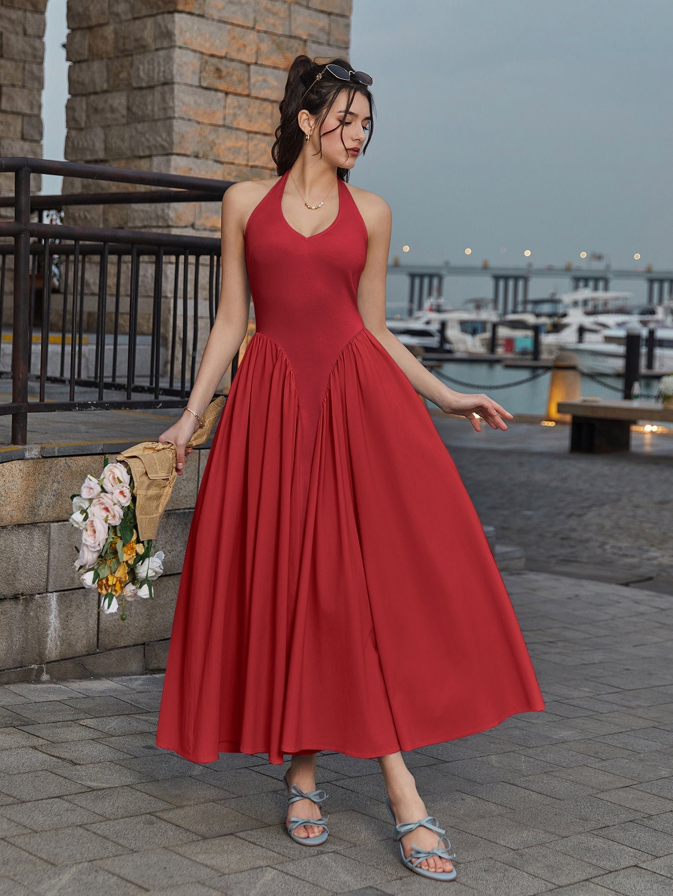 Halter Deep V-neck Ruched Waist Dress