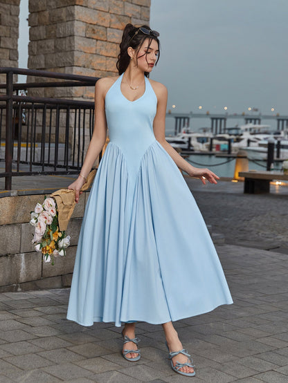 Halter Deep V-neck Ruched Waist Dress