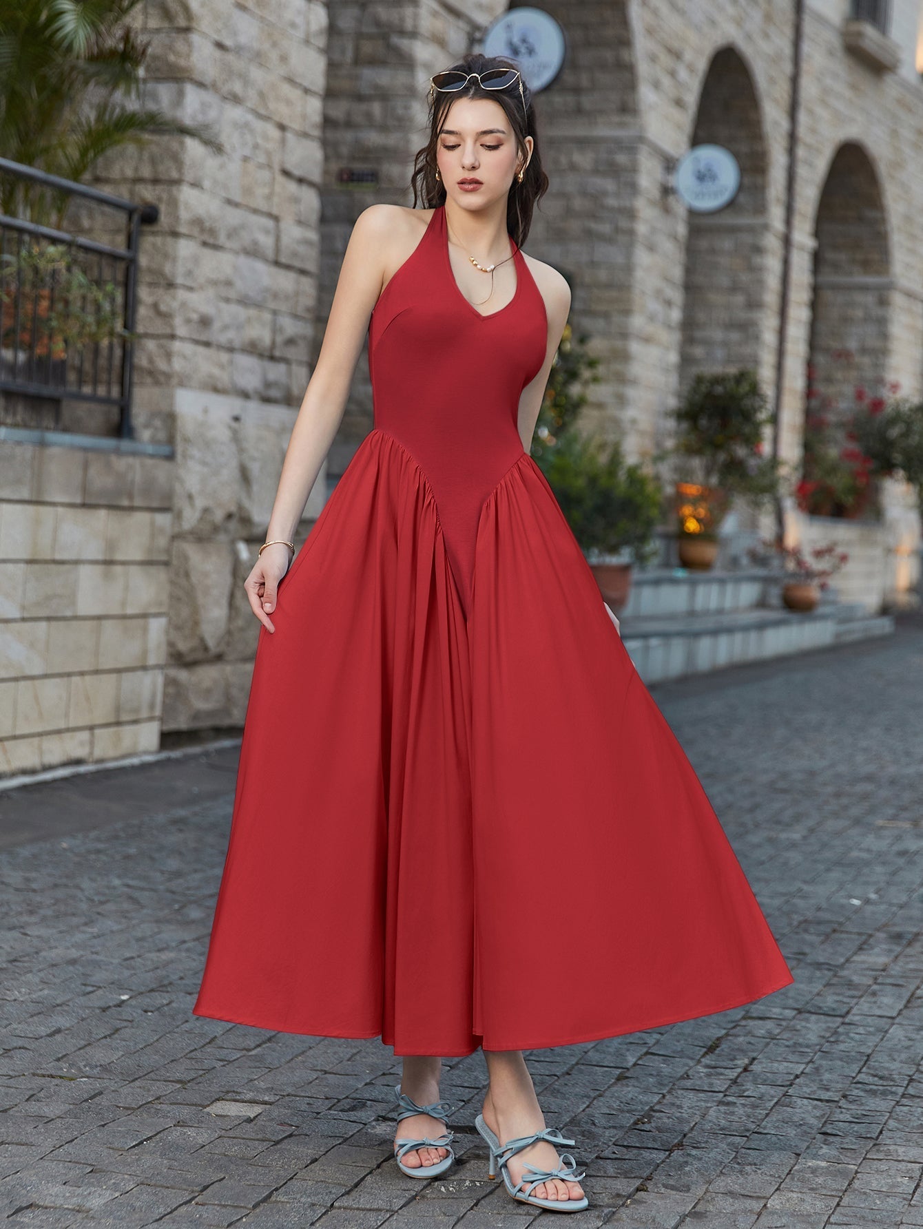 Halter Deep V-neck Ruched Waist Dress