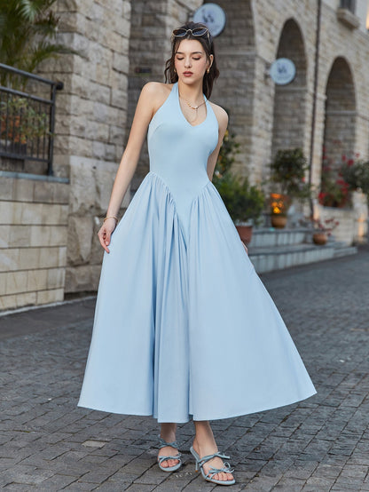 Halter Deep V-neck Ruched Waist Dress