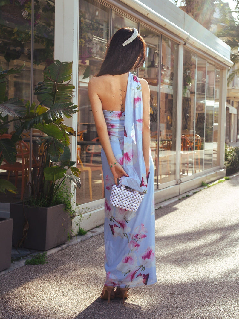 Halter Neck Ribbon Mesh Print Tube Dress