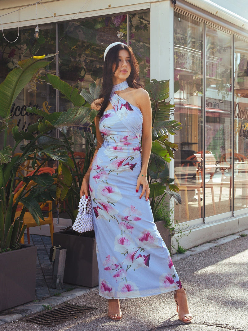 Halter Neck Ribbon Mesh Print Tube Dress