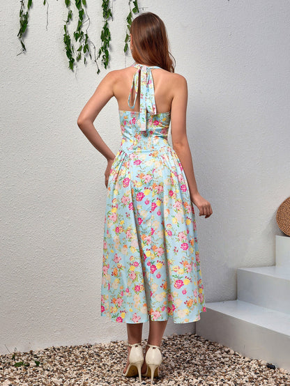 Halter Tie Smocking Print Bodycon Dress