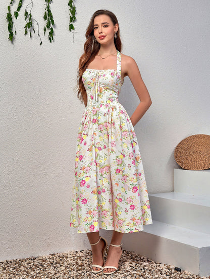 Halter Tie Smocking Print Bodycon Dress