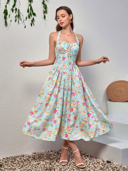 Halter Tie Smocking Print Bodycon Dress
