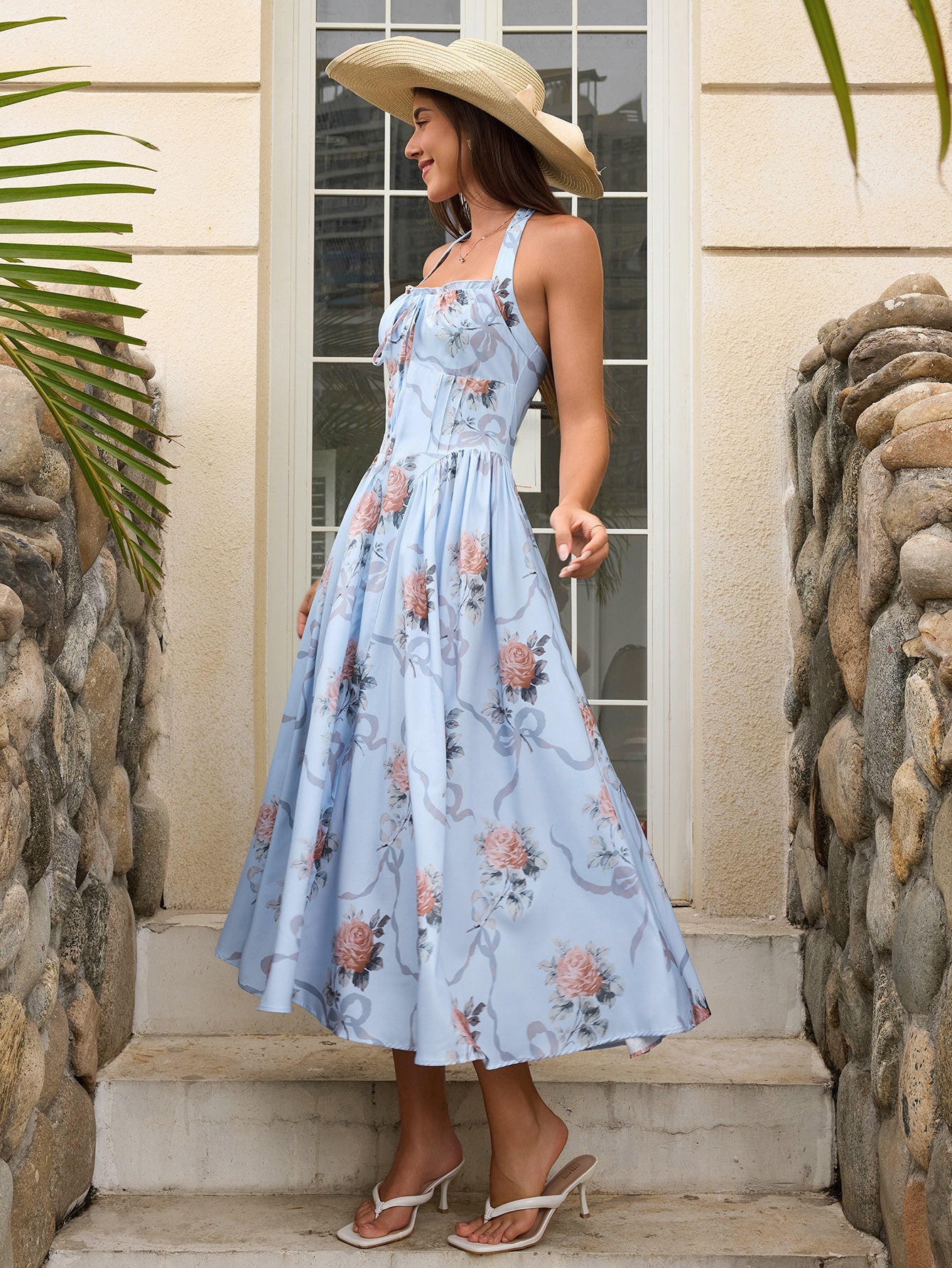 Halter Tie Smocking Print Bodycon Dress
