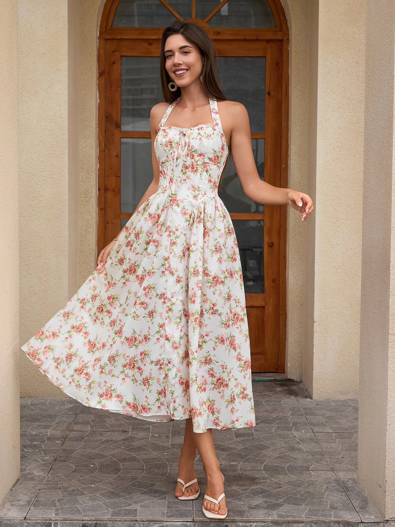 Halter Tie Smocking Print Bodycon Dress