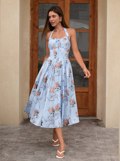 Halter Tie Smocking Print Bodycon Dress