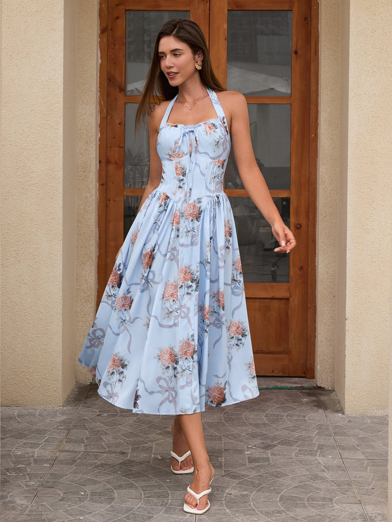 Halter Tie Smocking Print Bodycon Dress