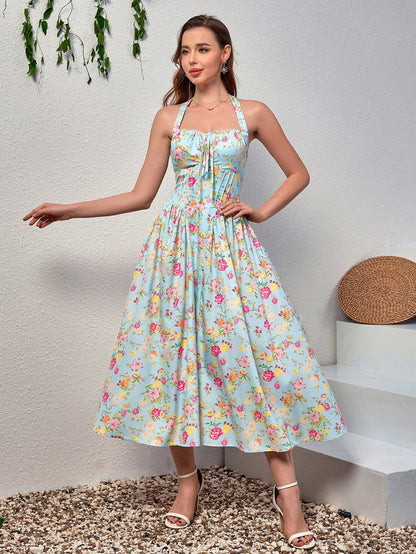 Halter Tie Smocking Print Bodycon Dress