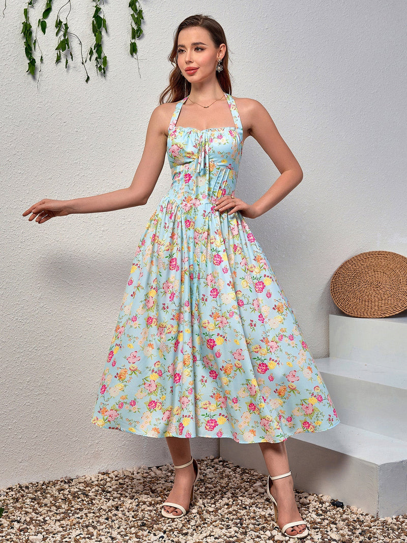 Halter Tie Smocking Print Bodycon Dress