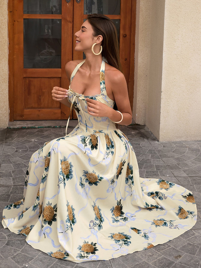 Halter Tie Smocking Print Bodycon Dress