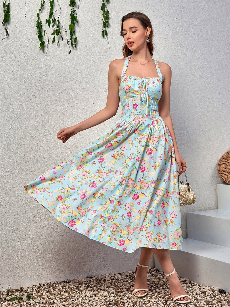 Halter Tie Smocking Print Bodycon Dress