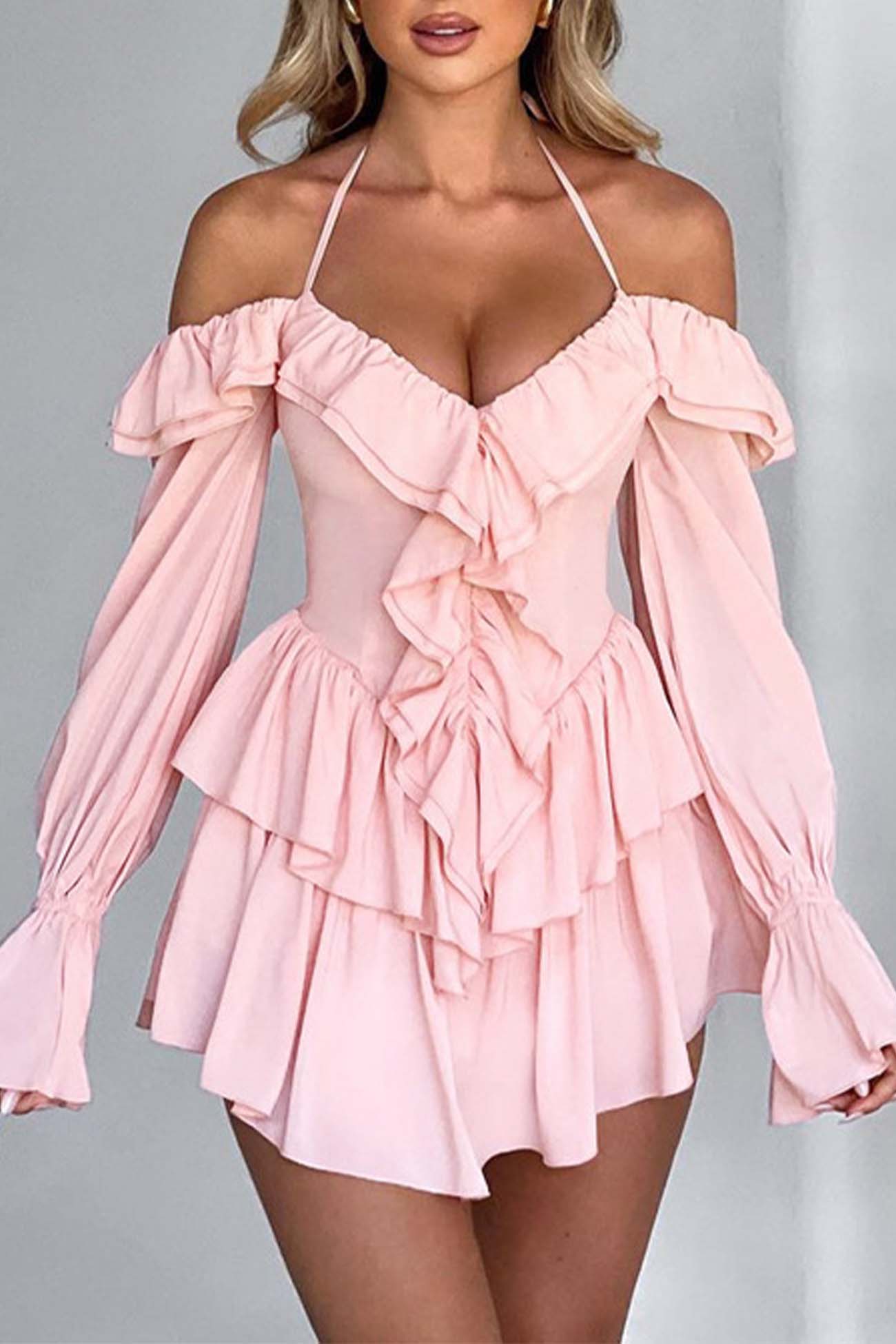 Halter Off-the-shoulder Ruffled Mini Dress