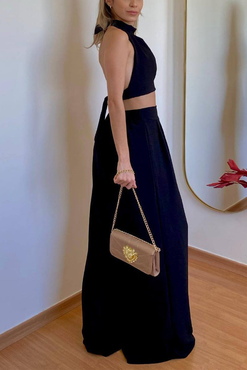 Halterneck Backless Tie Crop Top Wide Leg Pants Set