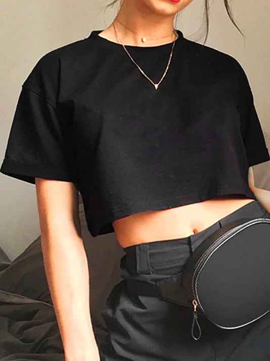 Harajuku Shirt Funny Y2k Crop Tops Black Femme Navel T-shirt Round Neck Short Loose Tee Shirt Summer