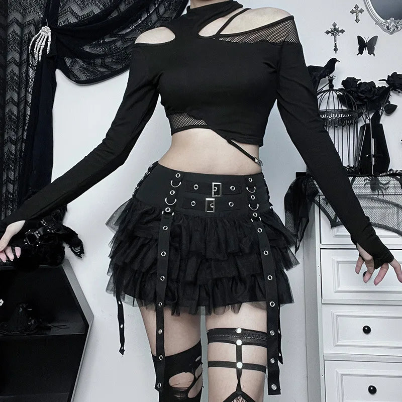 Harajuku Gothic Dark Cybery2k E-girl Hip Hop Eyelet Ribbons Mesh Patchwork Cake Skirt