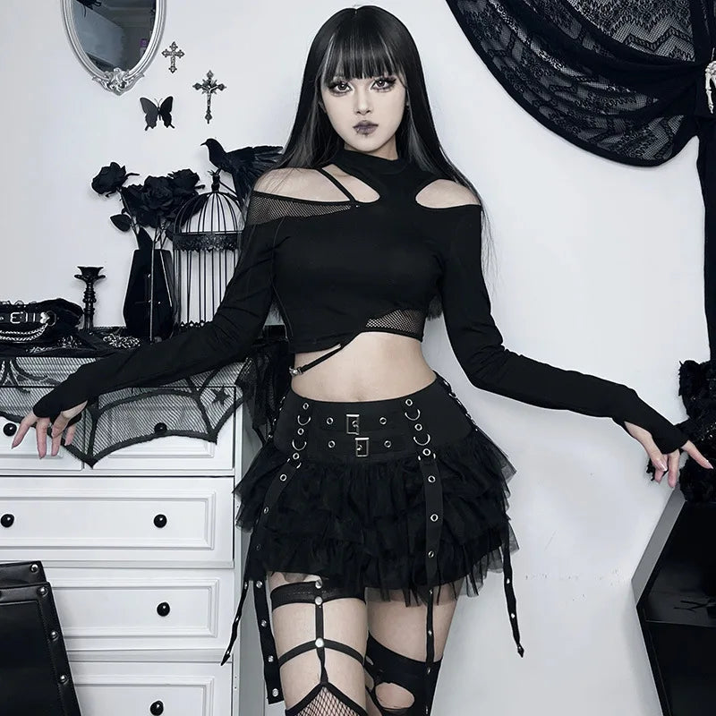 Harajuku Gothic Dark Cybery2k E-girl Hip Hop Eyelet Ribbons Mesh Patchwork Cake Skirt